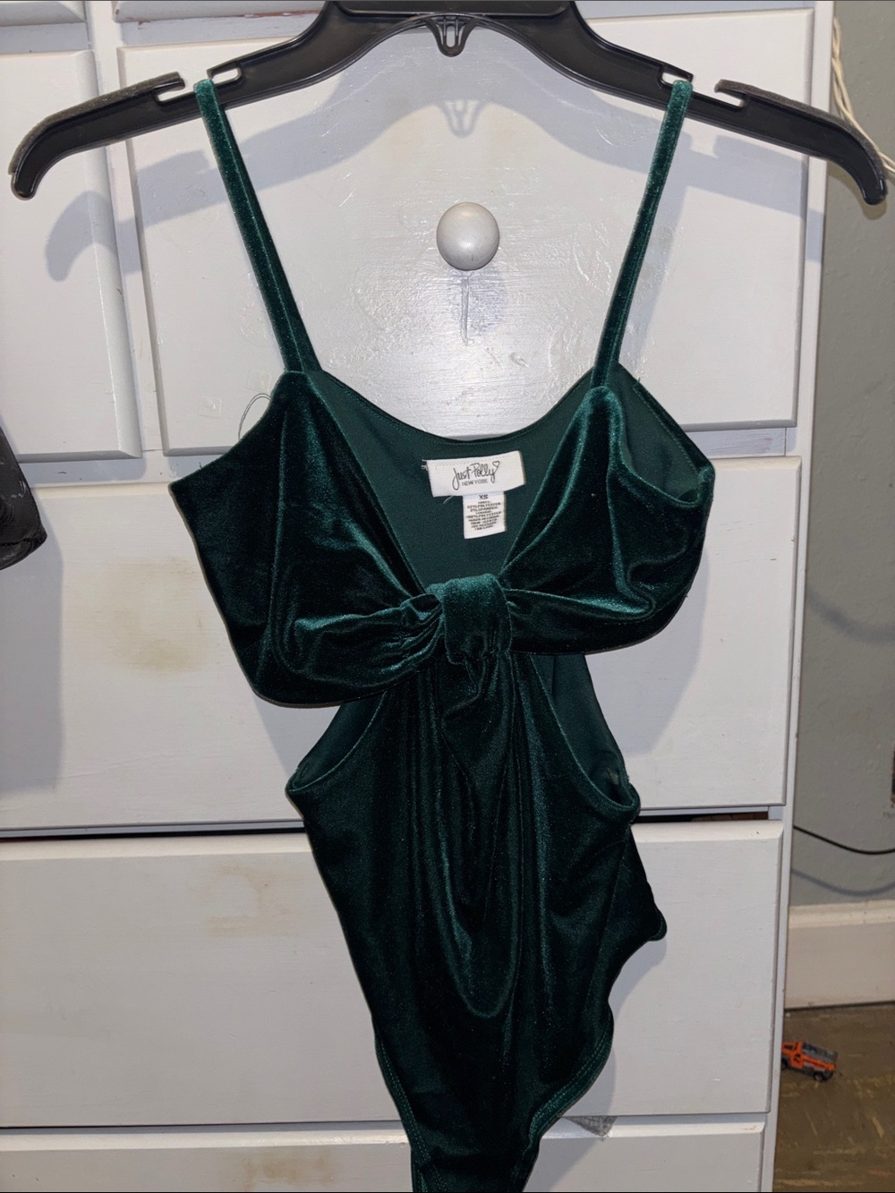 Just Polly Emerald Green Velvet Tie-Front Bodysuit